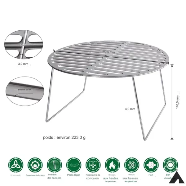 Grille Barbecue Ronde en Titane Pieds Amovibles Taille